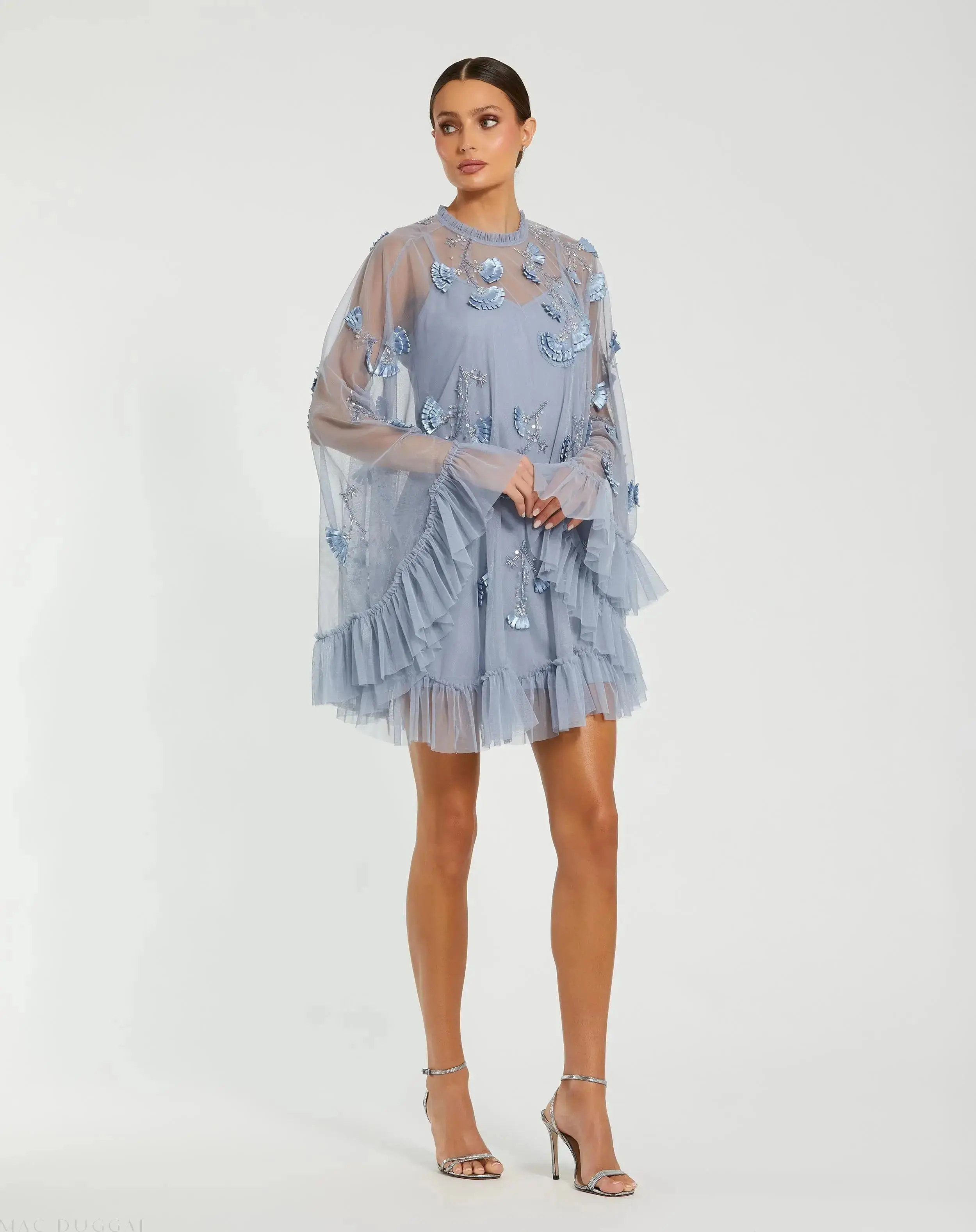 Blue Embellished Long Sleeve Trapeze Dress with Ruffle Hem | Mac Duggal | Mac Duggal