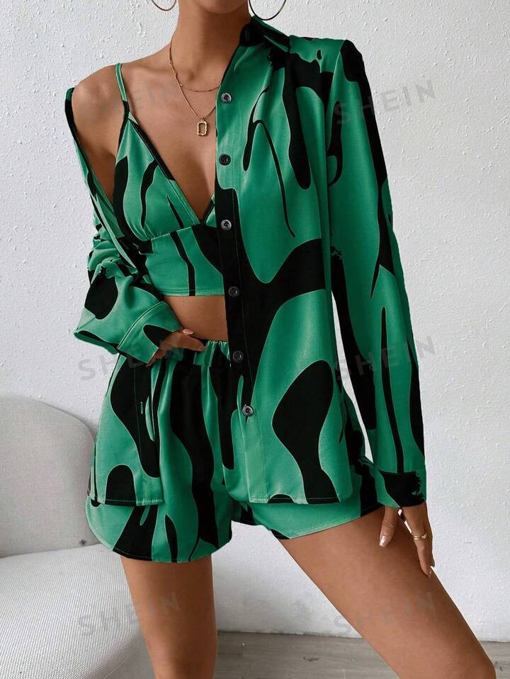 SHEIN Essnce 3Pcs/Set Women's Fashion Printed Camisole, Casual Shorts, And Shirt Short Sets Summe... | SHEIN