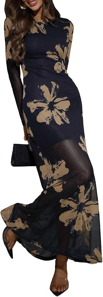Verdusa Women's Floral Mesh Maxi Dresses Long Sleeve Elegant Formal Fall Wedding Guest Dress Cock... | Amazon (US)