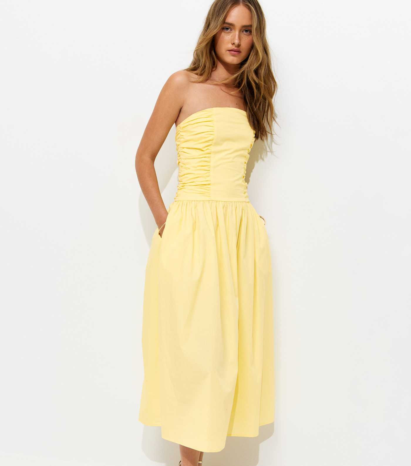 Light Yellow Bandeau Ruched A Line Midi Dress | New Look | New Look (UK)