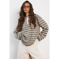 boohoo Women's Stripe Rugby Top in Green | Size: 12 | Polyurethane | boohoo (US & Canada)