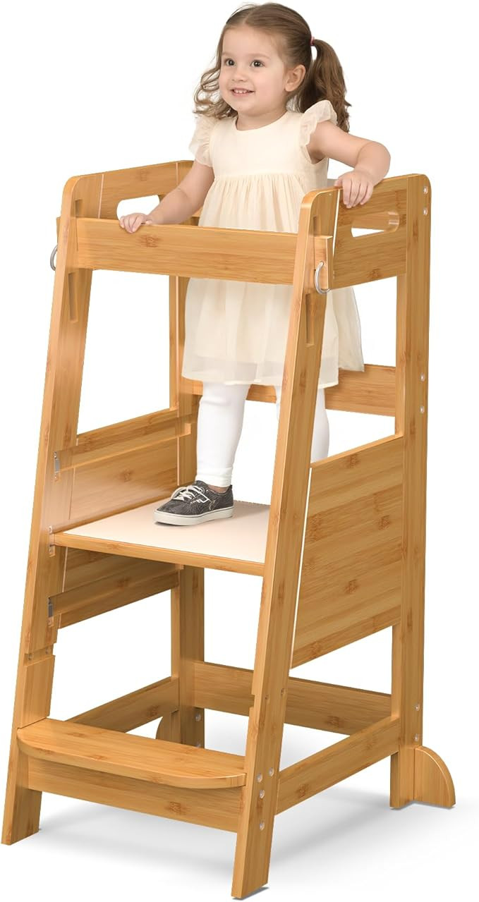TOETOL Bamboo Toddler Step Stool Kids Kitchen Counter Learning Stool Standing Helper Tower 3 Heig... | Amazon (US)
