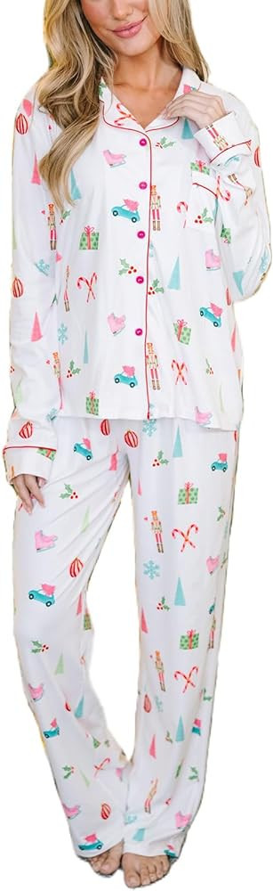 Luckinbaby Women Christmas Pajamas Sets Xmas Long Sleeve Pants Pjs Sleepwear Santa Claus Printed ... | Amazon (US)