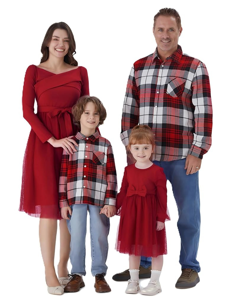 PATPAT Family Matching Outfits Set Mommy and Me Dresses Off Shoulder Midi Dress Dad and Boy Plaid... | Amazon (US)