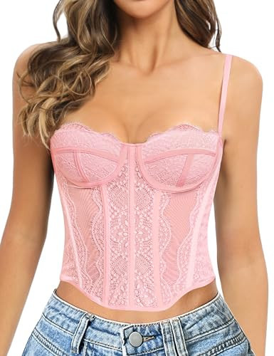 Mansy Lace Bustier Corset Tops for Women - Sexy Going Out Party Club Top with Buckle Pink Medium | Amazon (US)