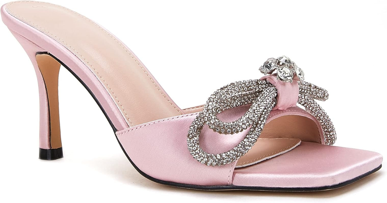 Women's Heeled Sandals Square Open Toe Double Bow Satin Mules Heels Wedding Party Slip on Stilett... | Amazon (US)