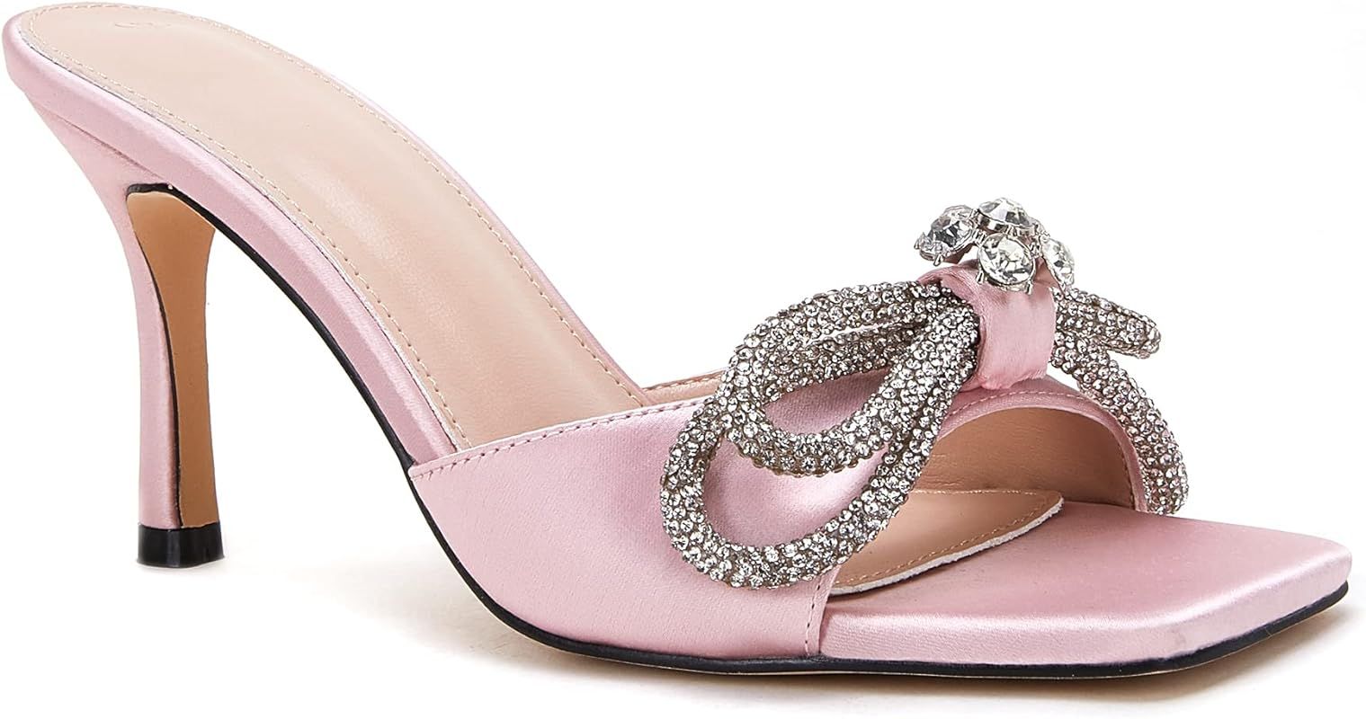 Women's Heeled Sandals Square Open Toe Double Bow Satin Mules Heels Wedding Party Slip on Stilett... | Amazon (US)