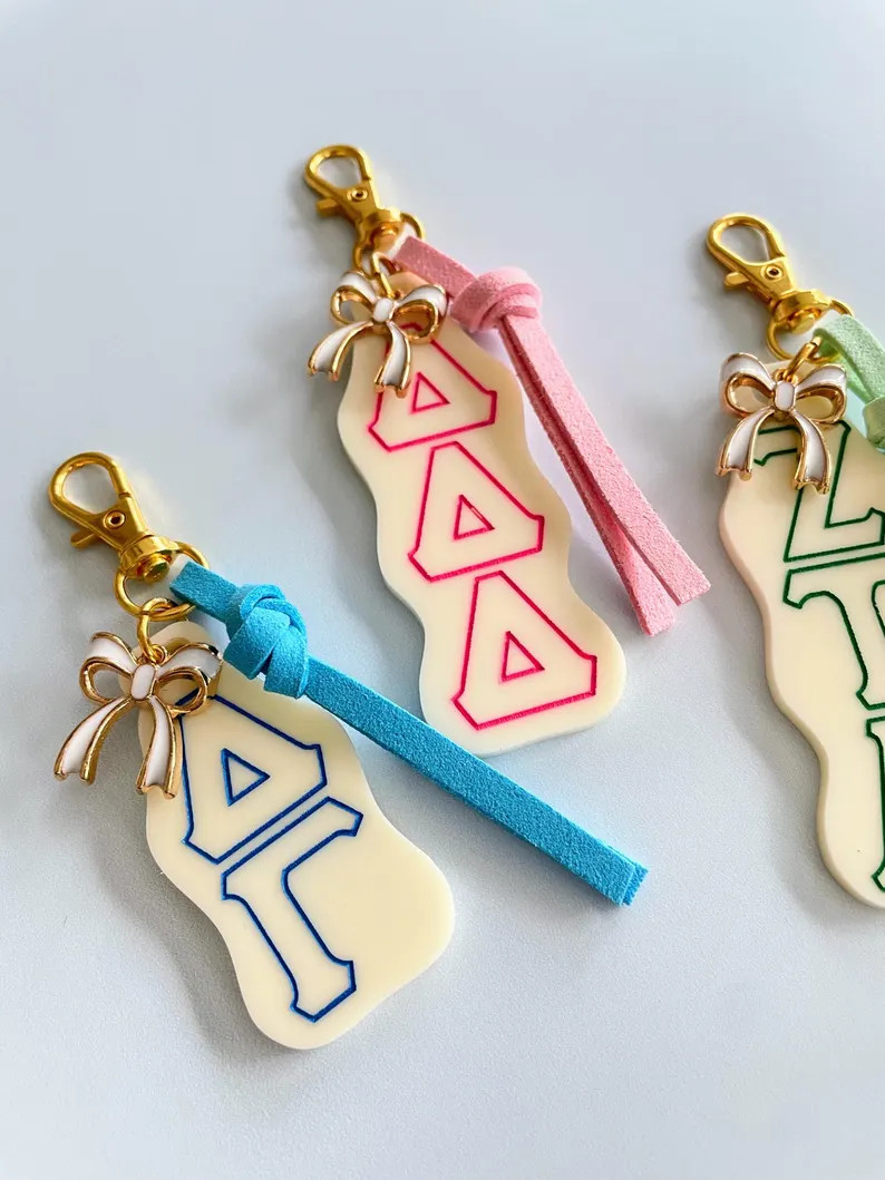 Sorority Keychain with Bow Charm l Personalized Vertical Greek Letters Keychain l Sorority Bag Ch... | Etsy (Global)