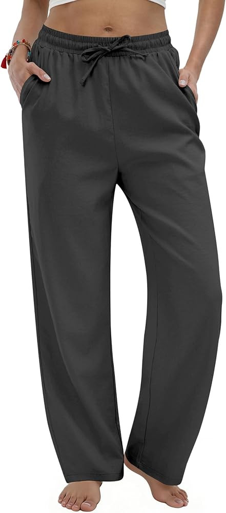 Women's Linen Casual Pants High Waist Drawstring Lounge Pant Summer Boho Straight Trousers with P... | Amazon (US)