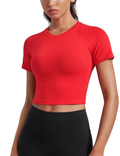 CRZ YOGA Seamless Crop Workout Tops for Women - Athletic Running Gym Yoga Short Sleeve Shirts Basic Deep Red Medium | Amazon (US)