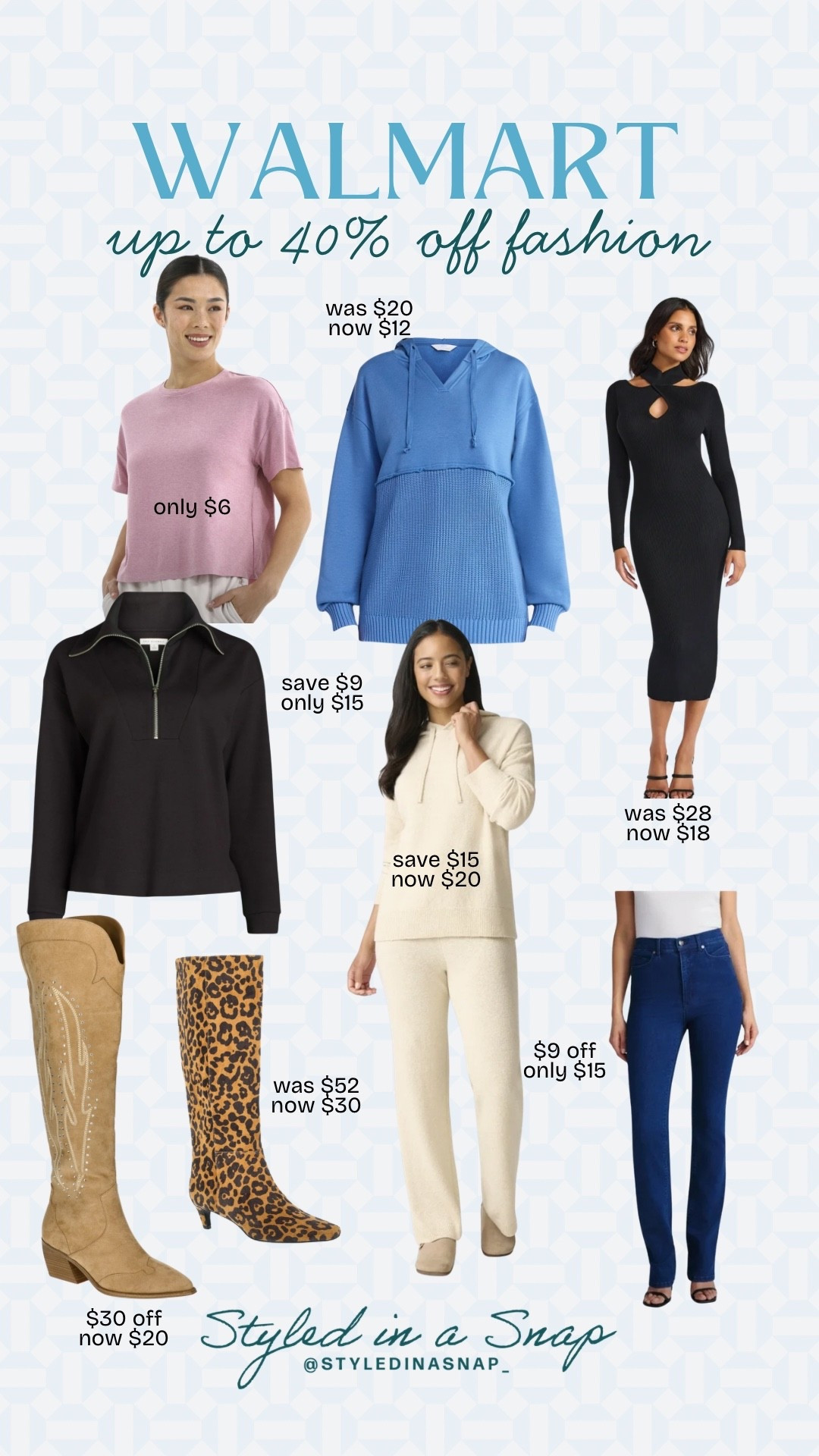 Walmart’s Early Black Friday deals have so many cute fashion finds for up to 40% off! I have and love this light pink tee and this lounge set is so good. I’m loving the black dress for date night, or a holiday party and do you see these boots?! Walmart is proof that looking good, being on trend and fashionably does not have to break the bank! 
Lounge set, mixed material sweatshirt, leopard boots, bootleg jeans

#LTKOver40 #LTKHoliday #LTKFindsUnder50