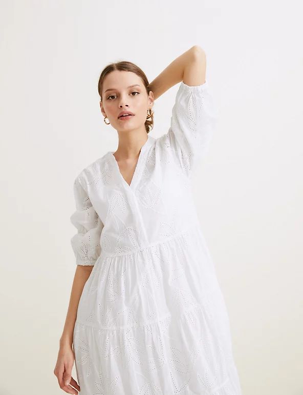 Pure Cotton Broderie V-Neck Midaxi Dress | Autograph | M&S | Marks & Spencer (UK)