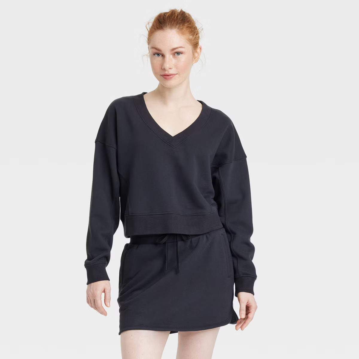 Women's French Terry V Neck Sweatshirt - JoyLab™ Black M: Relaxed Fit, Cropped Pullover, Long B... | Target