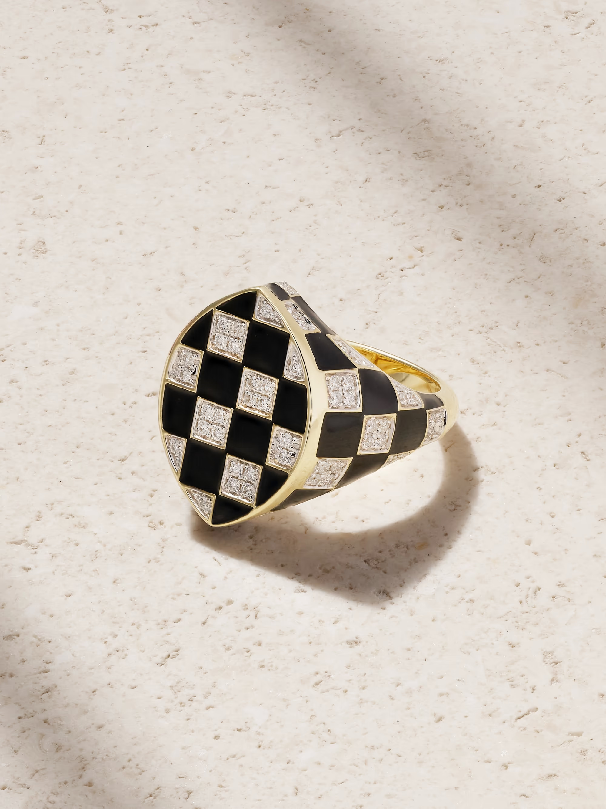 Chevalière Marquise Damier 9-karat gold, diamond and enamel ring | NET-A-PORTER (US)