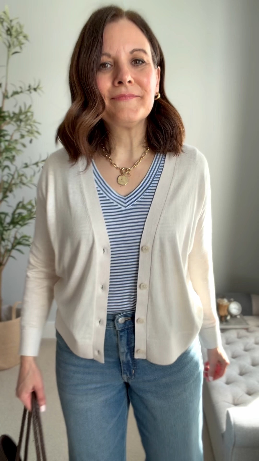 Spring jeans capsule wardrobe outfit fit notes: LOFT tee fits relaxed, I’m in a Small. @onequince cardigan fits true to sizing chart, I’m in a Medium. J.Crew Factory curvy midrise straight jeans fit true to size (tts), Mary Janes fit tts with room for an insert. 

#LTKSaleAlert #LTKMidsize #LTKOver40