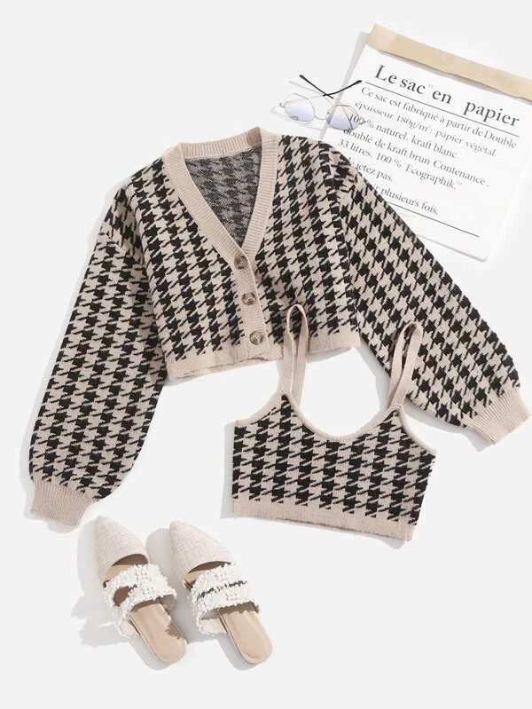 Houndstooth Pattern Drop Shoulder Button Up Cardigan & Cami Knit Top
   SKU: swtwop23210520112   ... | SHEIN