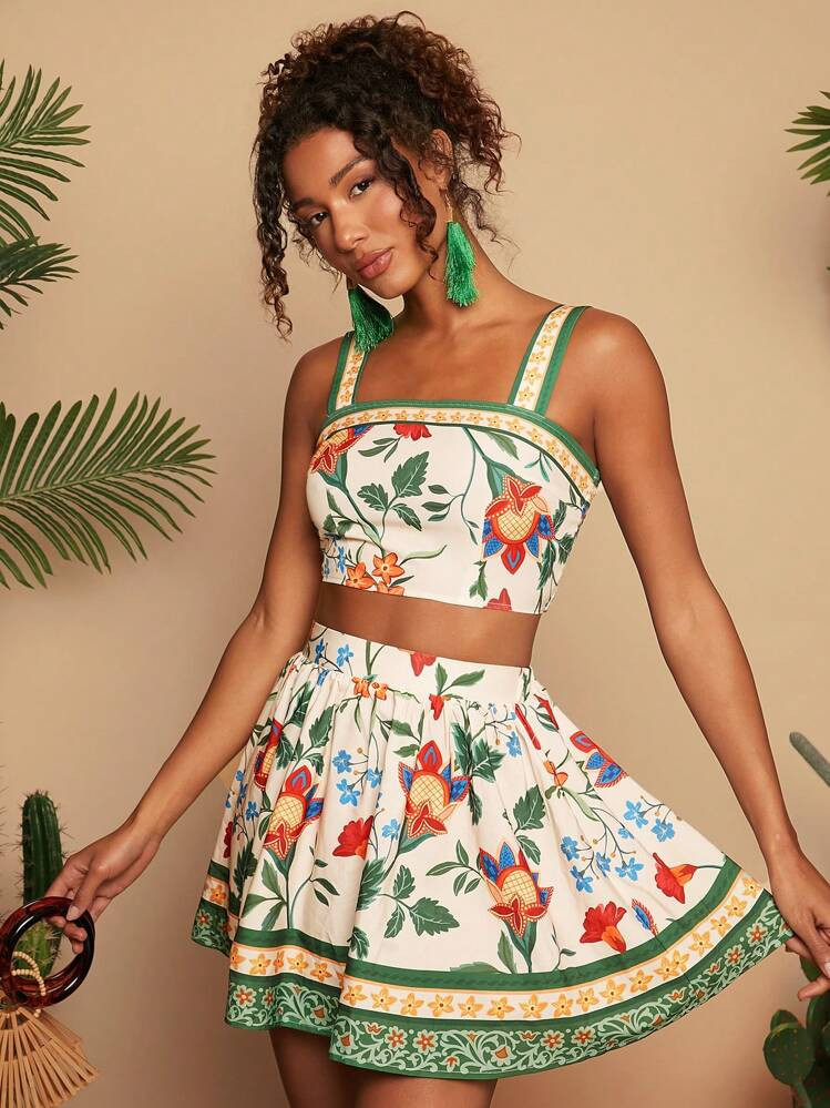 Travachic 2pcs Set Tropical Print Tank Top & Print Mini Skirt,Summer,Summer Outfits For Women,Holiday Outfits,Two Pieces Set Women | SHEIN