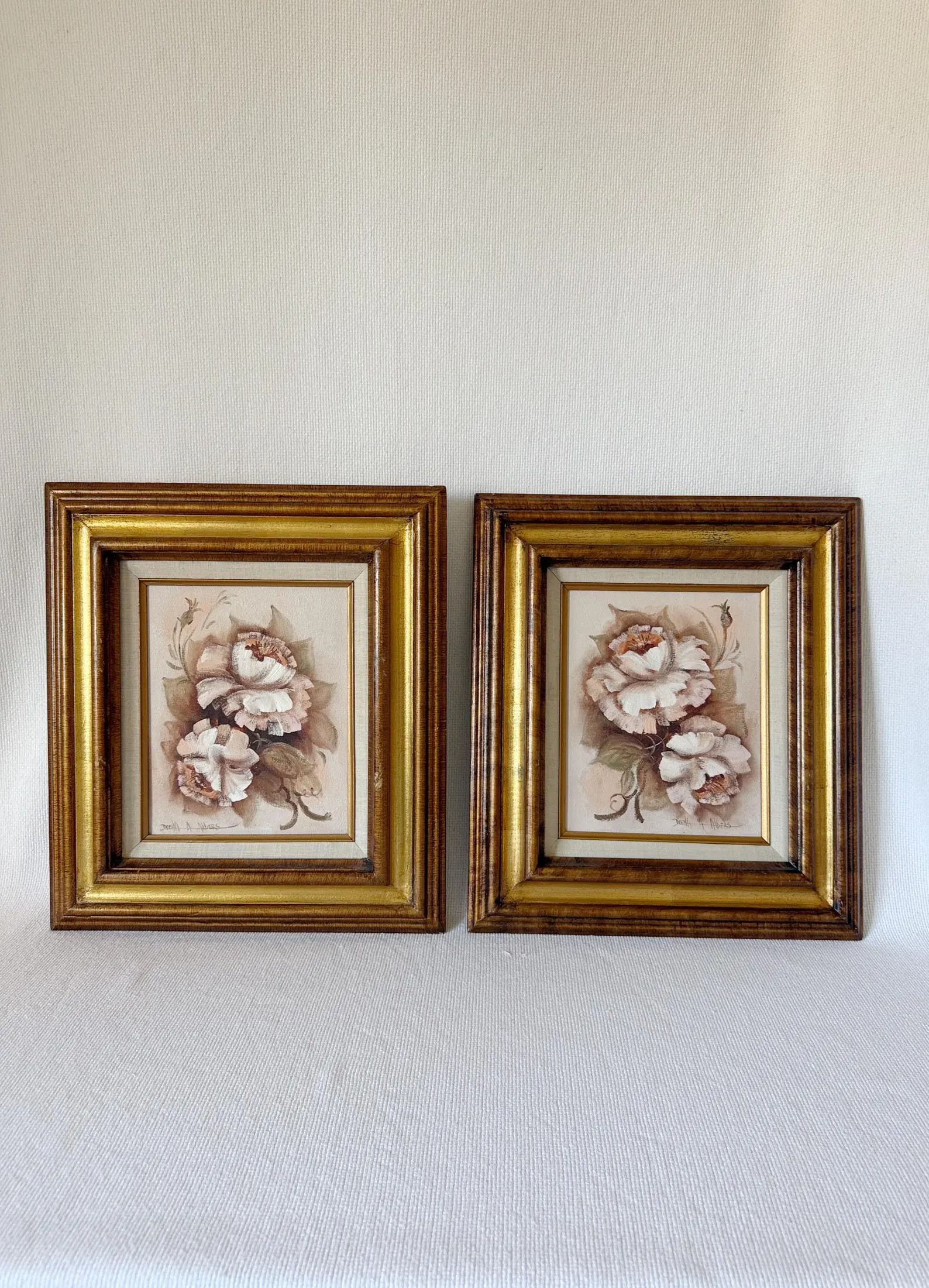 Vintage Floral Oil Paintings Set of 2 – Hand Painted Signed Canvas, Gold Wood Frames, Neutral C... | Etsy (US)