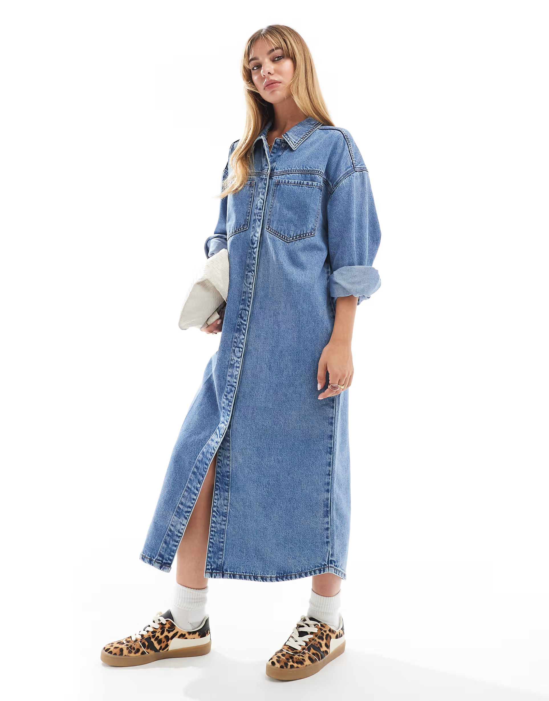 ASOS DESIGN denim maxi shirt dress in mid wash blue | ASOS (Global)