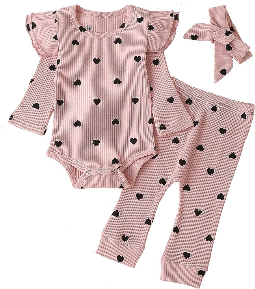 Baby Girl's 3pc Rib Frill Long Sleeve Romper and Pant Set | Amazon (US)