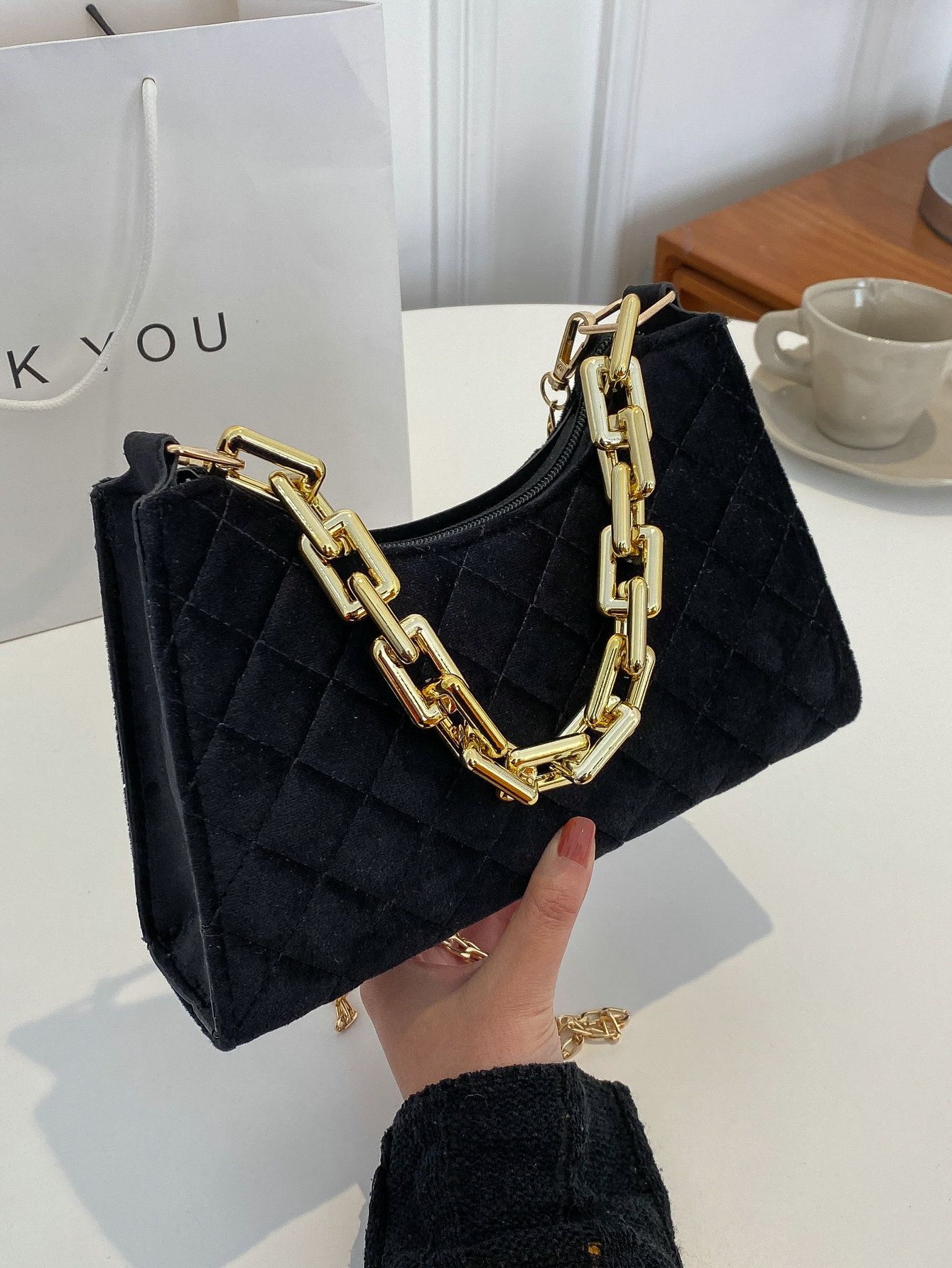 Velvet Quilted Chain Baguette Bag | SHEIN