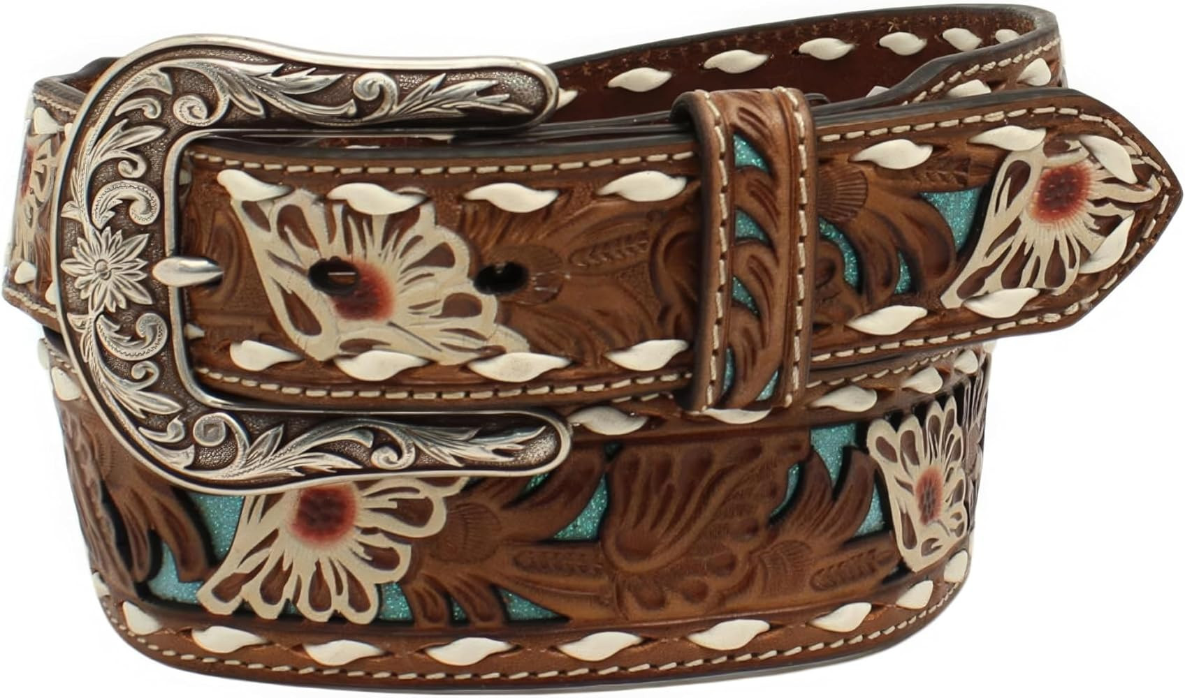 ARIAT Ladies Genuine Leather Belt with White Floral Overlay and Turquoise Shimmer Underlay | Amazon (US)