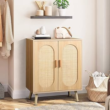 Modern Rattan Shoe Storage Cabinet with Double Doors and Adjustable Shelves, Accent Cabinet for L... | Amazon (US)