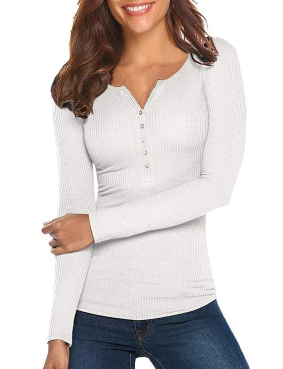 Womens V Neck Henley Shirts Long Sleeve Ribbed Button Down Basic Tops Tees | Amazon (US)