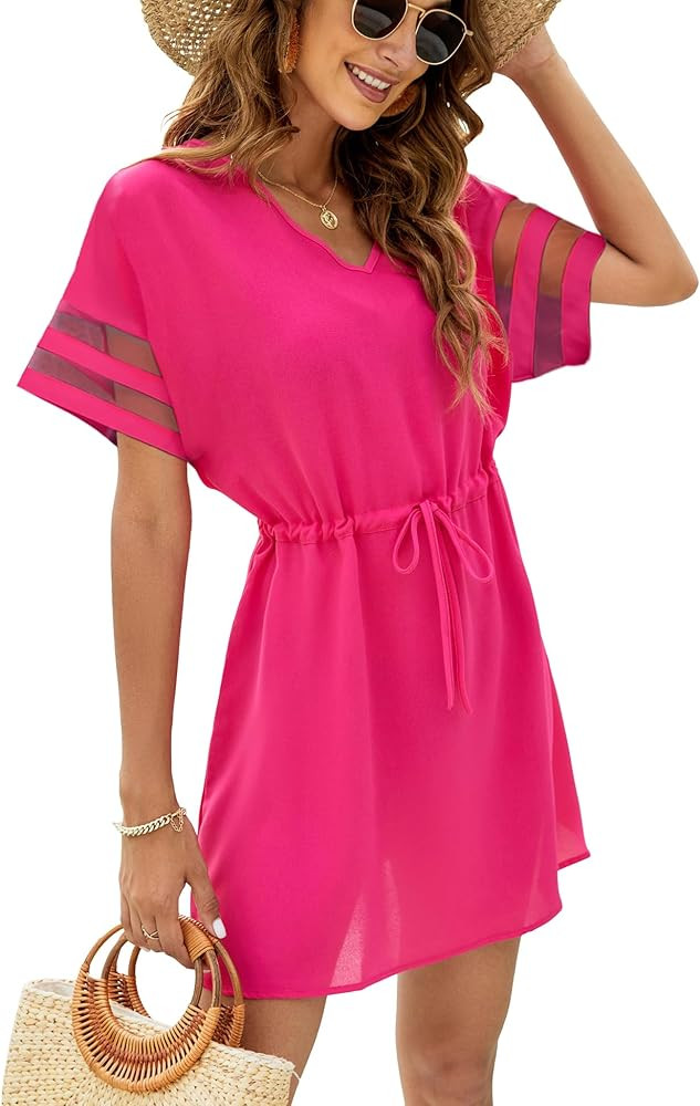 Bluetime Women Swimsuit Coverup V Neck Casual Summer Chiffon Cover Ups Flowy Short Sleeve Mini Be... | Amazon (US)