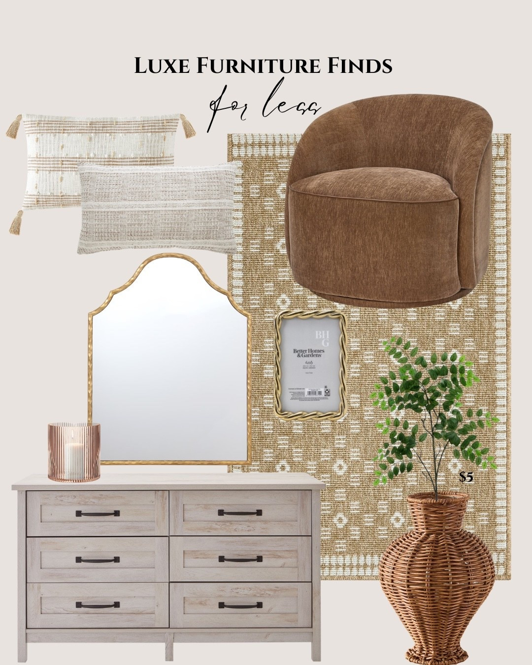 Walmart luxury furniture finds for less: brown armchair chair, light brown rug, gold frame, cream pillow, gray pillow, gold framed mirror, gray wood dresser, decor candle, wicker planter, fake decor plant.

#LTKHome #LTKSaleAlert