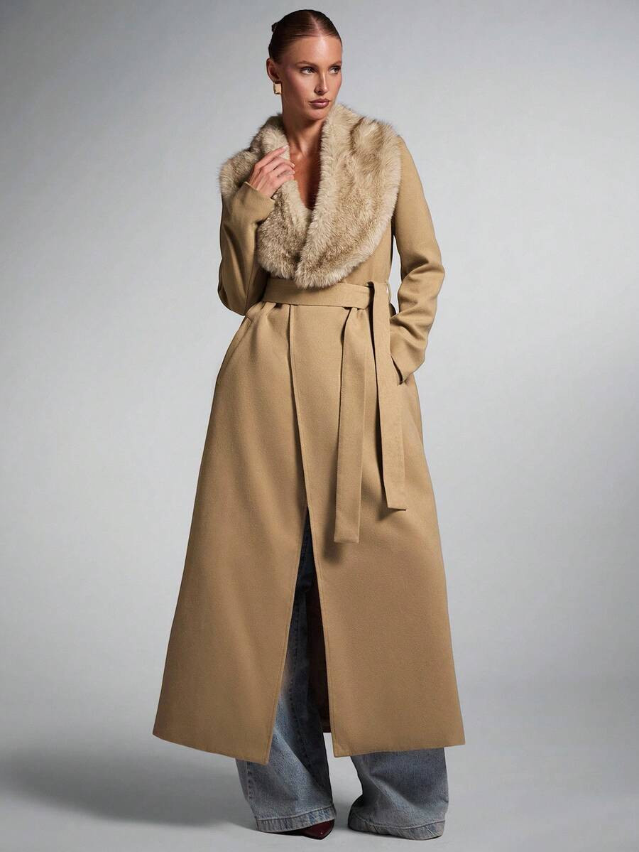 SHEIN BAE Women's Faux Fur Patchwork Shawl Collar Long Sleeve Belted Elegant Long Overcoat, Long ... | SHEIN