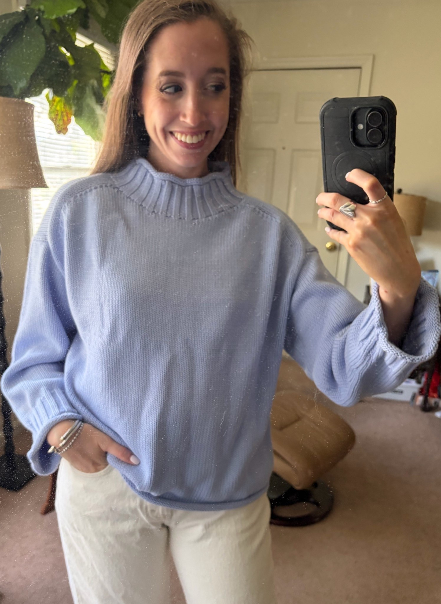 J. Crew rollneck sweater! Relaxed fit, I sized down to an XS and it’s still oversized. This is the lavender sky shade, but it’s definitely more of a baby blue. Color is true to the website model photos!

#LTKSeasonal
