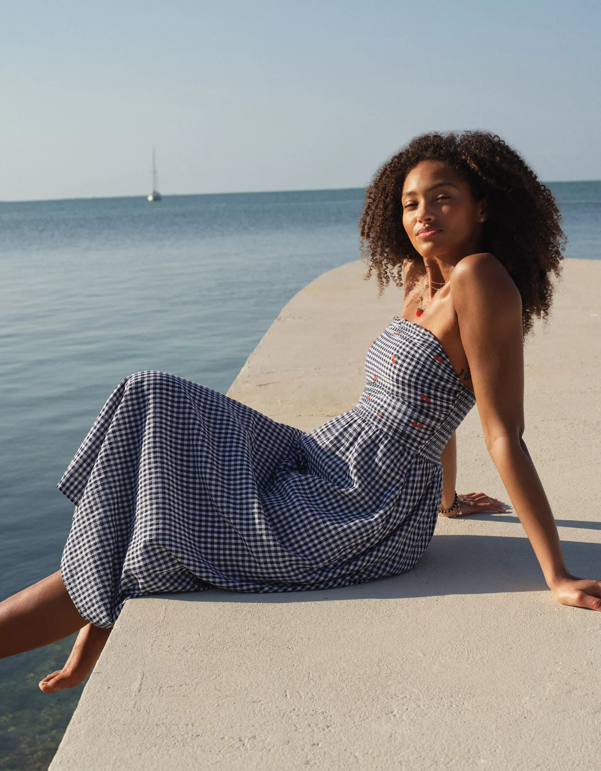AE Strapless Smocked Embroidered Midi Dress | American Eagle Outfitters (US & CA)