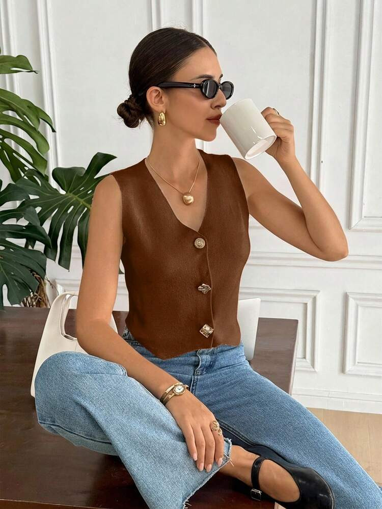 Serisse Women's Casual Everyday Commute Simple Solid Color V-Neck Metal Buckle Decor Sleeveless Sweater Vest Summer Brown | SHEIN