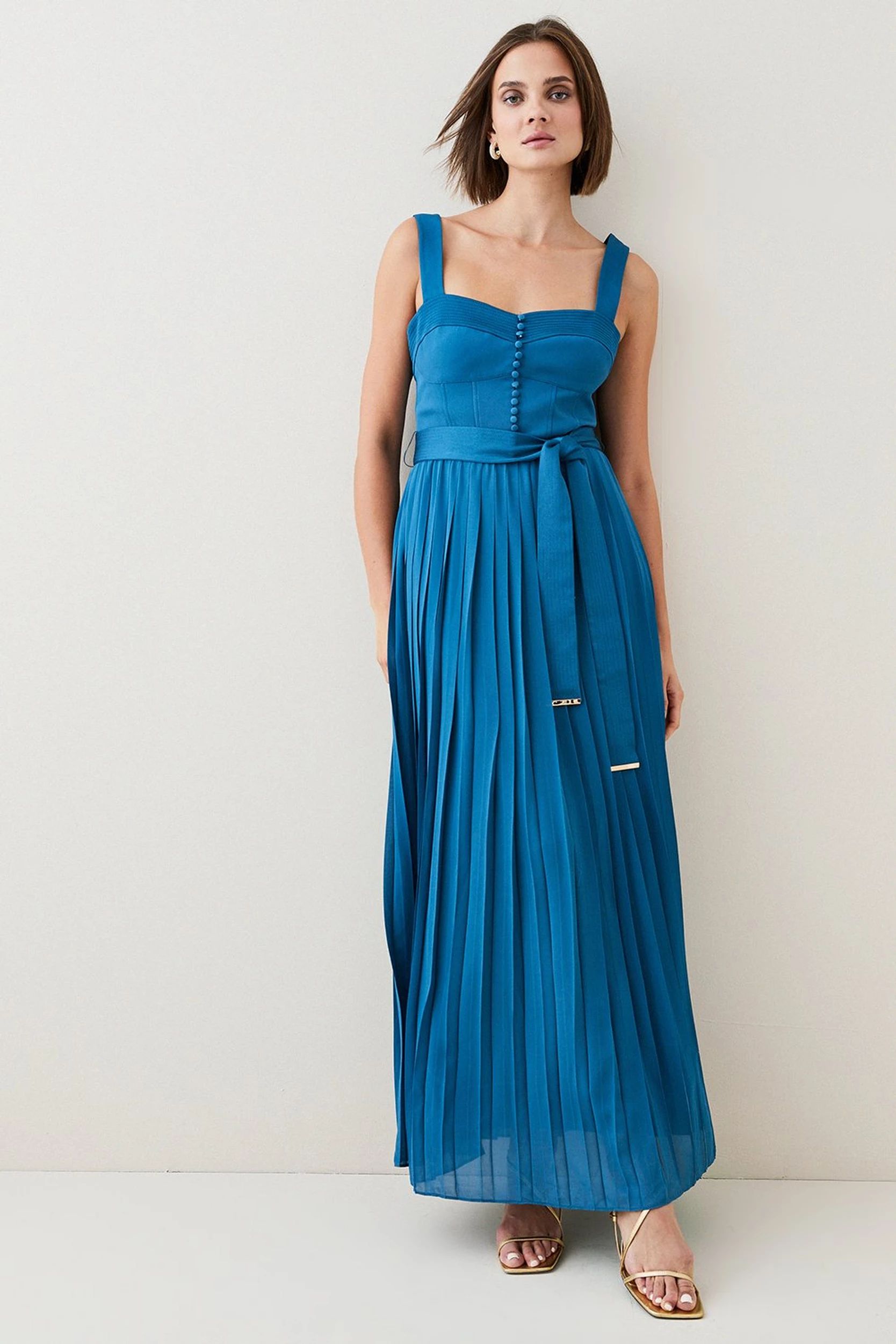 Top Stitch And Pleat Detail Woven Midi Dress | Karen Millen US