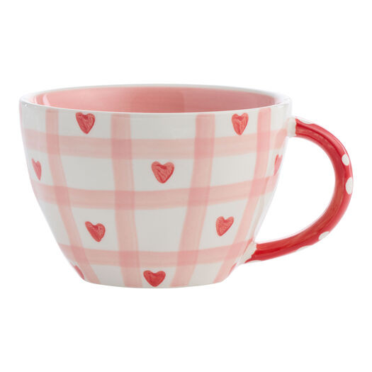 Pink and Red Heart Checkered Hand Painted Ceramic Mug by World Market | World Market