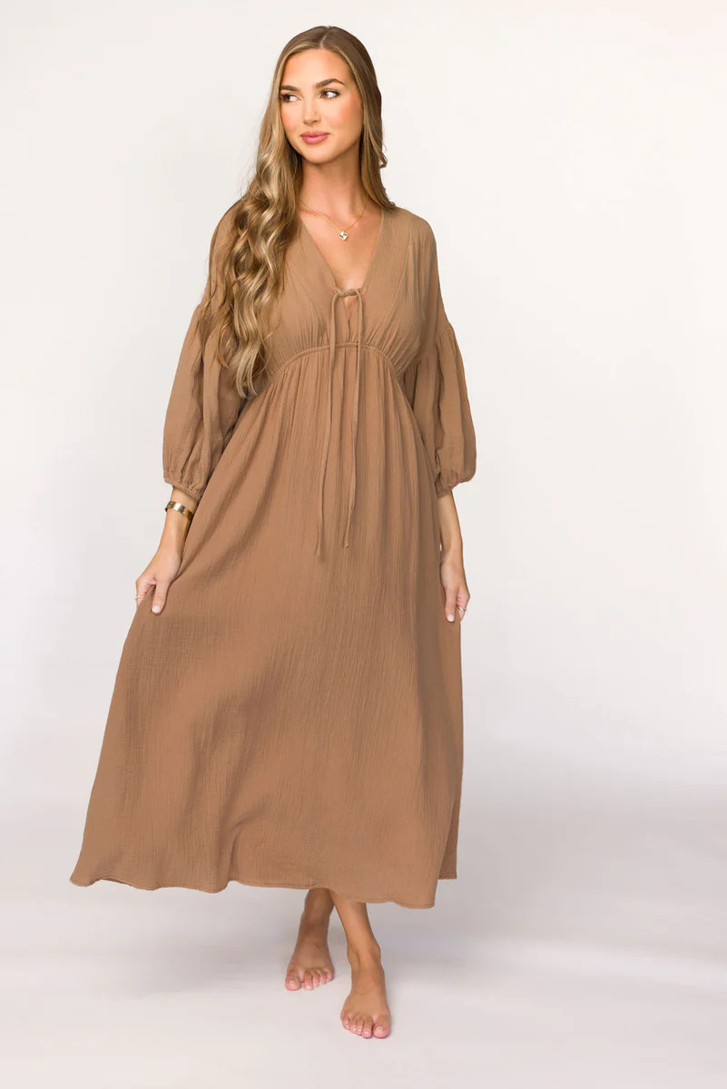 Hunter 100% Cotton Gauze Midi Dress in Bronze - Bump Friendly | Worth Collective