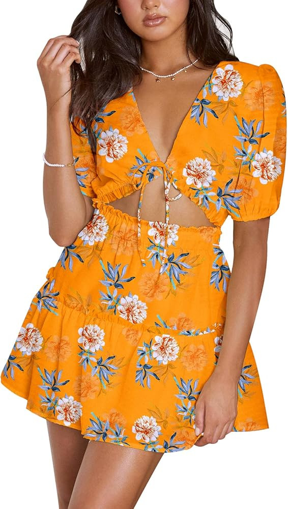 FANCYINN Women's 2025 Summer Dress Floral Cutout Tie Front Puff Sleeve Ruffle Swing Mini Short Dr... | Amazon (US)