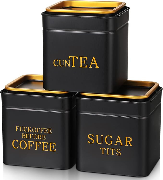 3 Piece Novelty Sugar Tea Coffee Canister Set Gifts Naughty Black Stainless Steel Containers Airt... | Amazon (US)