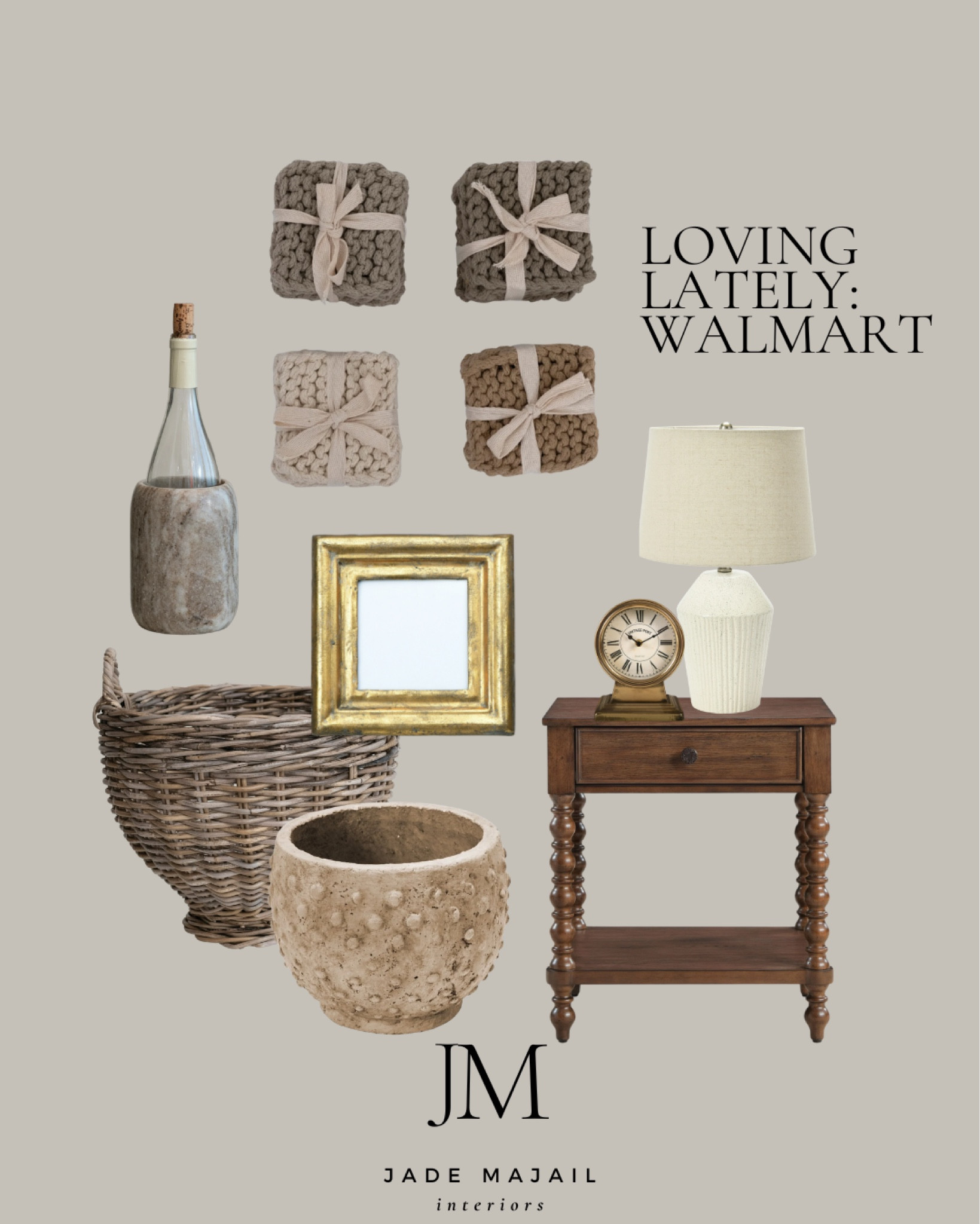 What I'm loving lately from Walmart 😍

Crochet coasters, marble wine, holder, vase, basket, gold, picture, frame, nightstand, table, lamp, clock