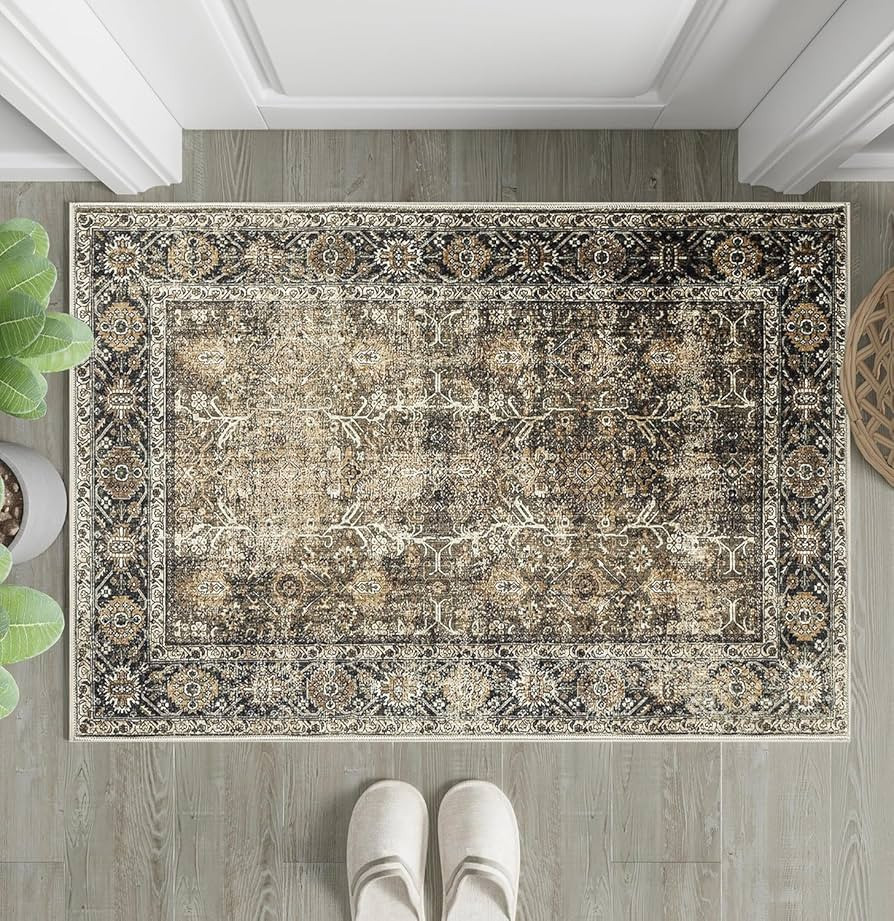 PureCozy Brown Entryway Rug 2x3 Vintage Area Carpet Indoor Kitchen Washable Door Mat Living Room ... | Amazon (US)