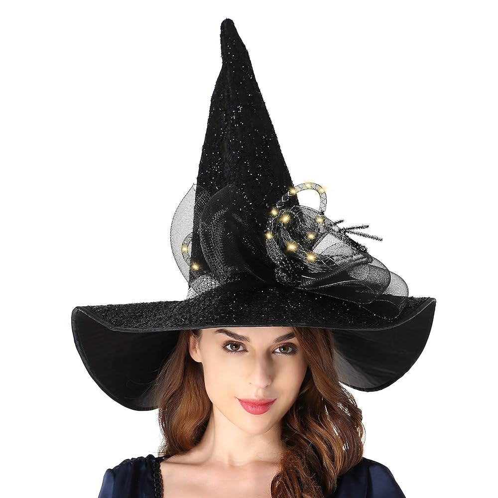 Halloween Witch Hat-Classic Black Felt Hat for Women, Girls, Party Costume Accessory(LED Glowing ... | Amazon (US)