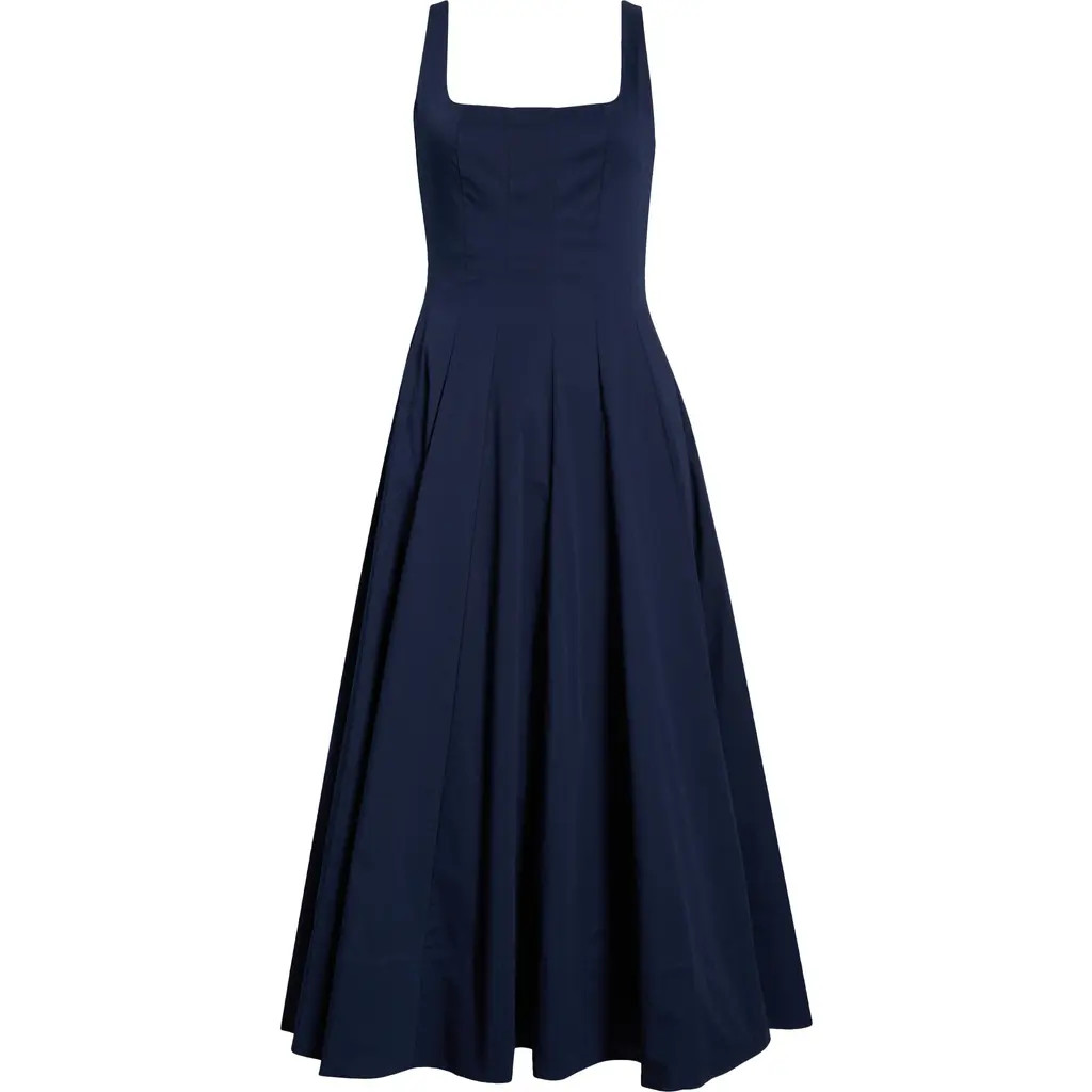 STAUD Wells Stretch Cotton Poplin Midi Fit & Flare Dress in Navy at Nordstrom, Size 4 | Nordstrom