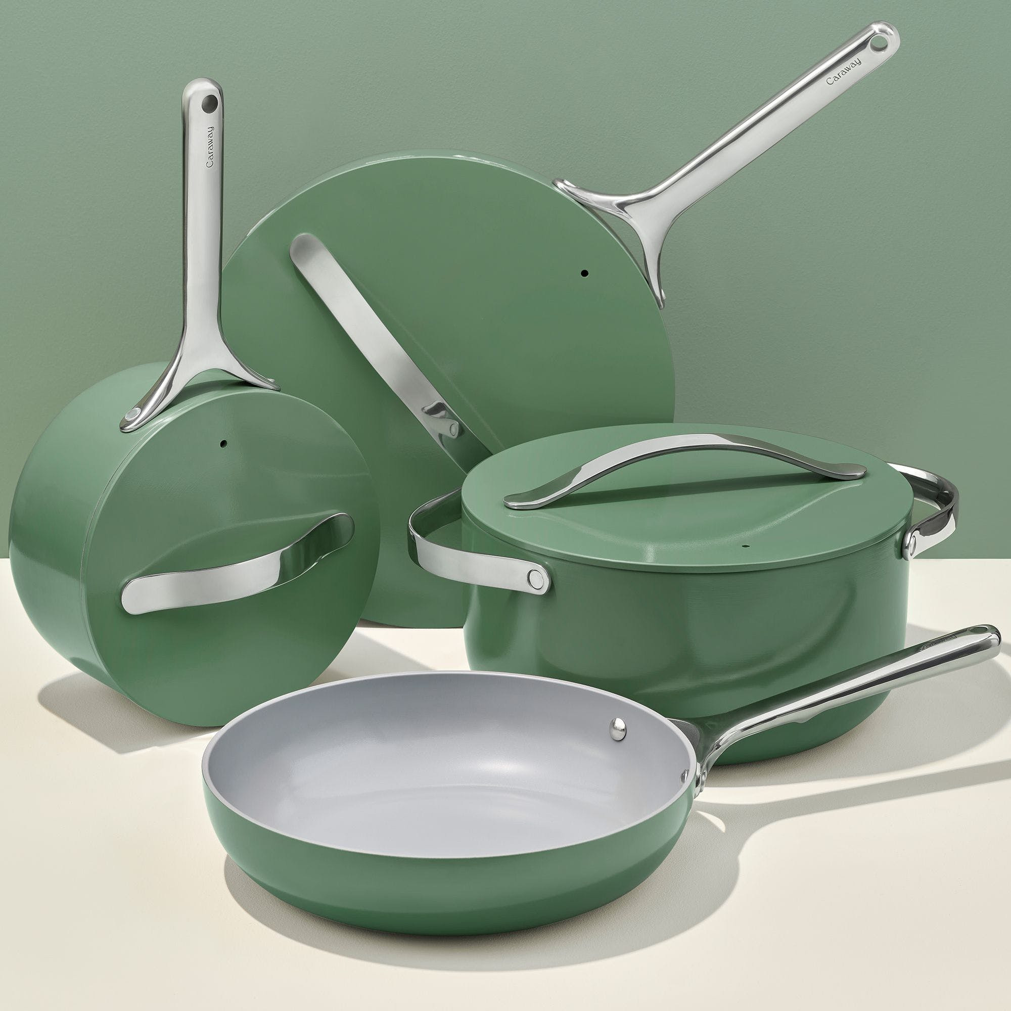 12 Piece Cookware Set In Sage | Non-Stick, Non-Toxic, PFAS-Free Ceramic Cookware | Induction-Compatible For Healthy Cooking | Caraway | Caraway