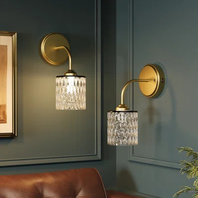 2-Pack Rechargeable Gold Wall Sconce With Hammered Glass Shade, Dimmable LED Cordless Wall Lights With Remote | Wayfair North America