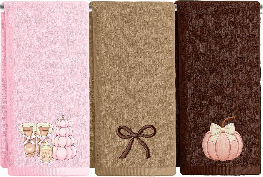 3 Pcs Pink Fall Hand Towels for Bathroom Thanksgiving Embroidered Pumpkin Coquette bow Brown kitc... | Amazon (US)