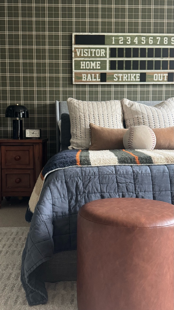 My son asked for a baseball bedroom and of course I had to give him the baseball bedroom of his dreams! He chose the green plaid wallpaper and left almost everything else to me. I chose a storage bed to store all his extra bedding and toys, a plush neutral rug that is cozy for all Lego playing and this baseball scoreboard was the cherry on top! Follow along @ourmountainsidehome_1 and comment BASEBALL to receive the links for your little leaguer! ⚾️. Baseball bedroom, Ralph Lauren bedroom aesthetic, bedroom makeover, Wayfair home finds, home decor, storage bed, peel and stick and wallpaper, bedroom inspiration.  #ad #wayfair #wayfaircreator #wayfairelevate #baseballbedroom