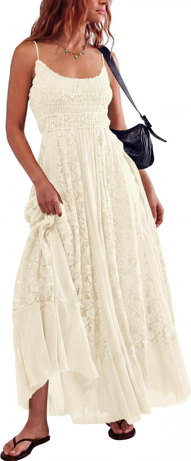 Gacaky Summer Dress for Women Casual Lace Floral Embroidered Bohemian Maxi Dress Flowy A Line Beach Long Dresses | Amazon (US)