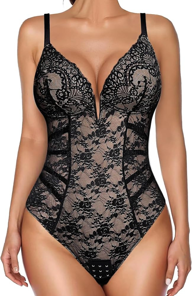 Popilush Lace Body Suits Women Tummy Control Shapewear Bodysuit Deep V Neck Backless Corset Tops ... | Amazon (US)