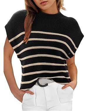Dokotoo Women's Sweater Cap Sleeve Mock Neck Basic Loose Fit Ribbed Knit Pullover Striped Sweater... | Amazon (US)